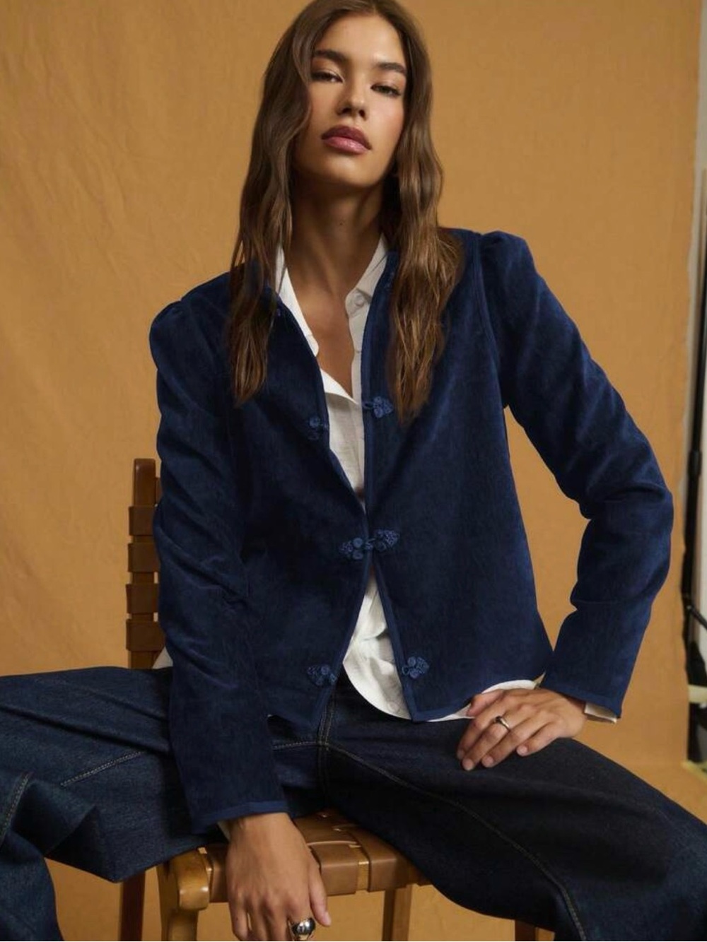 Navy Blue Women's Mandarin Collar Jacket